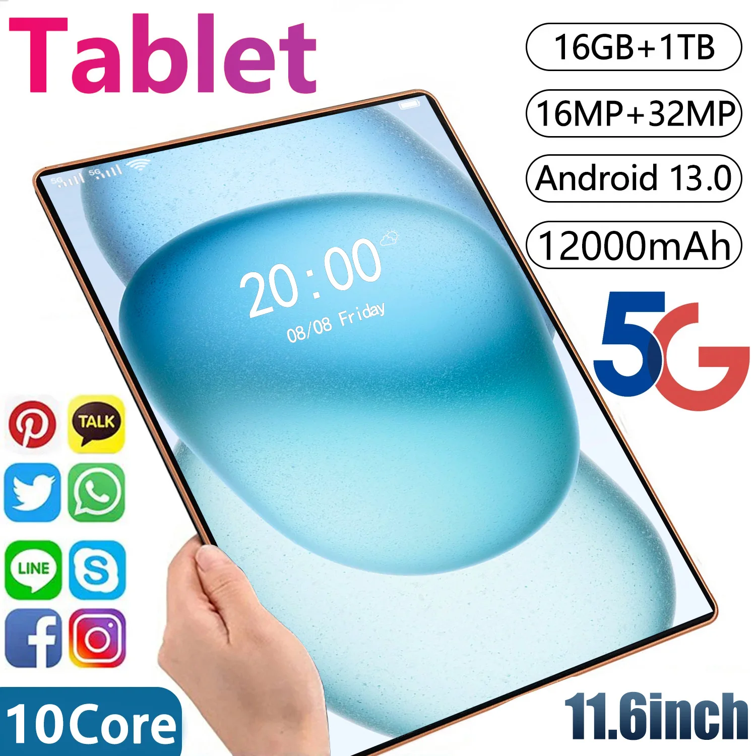 2024 New 5G tablet PC 11.6 inch tablet android 16GB+1TB ROM 16MP+32MP Network 12000mAh Android 13.0 Wifi Bluetooth Dual SIM
