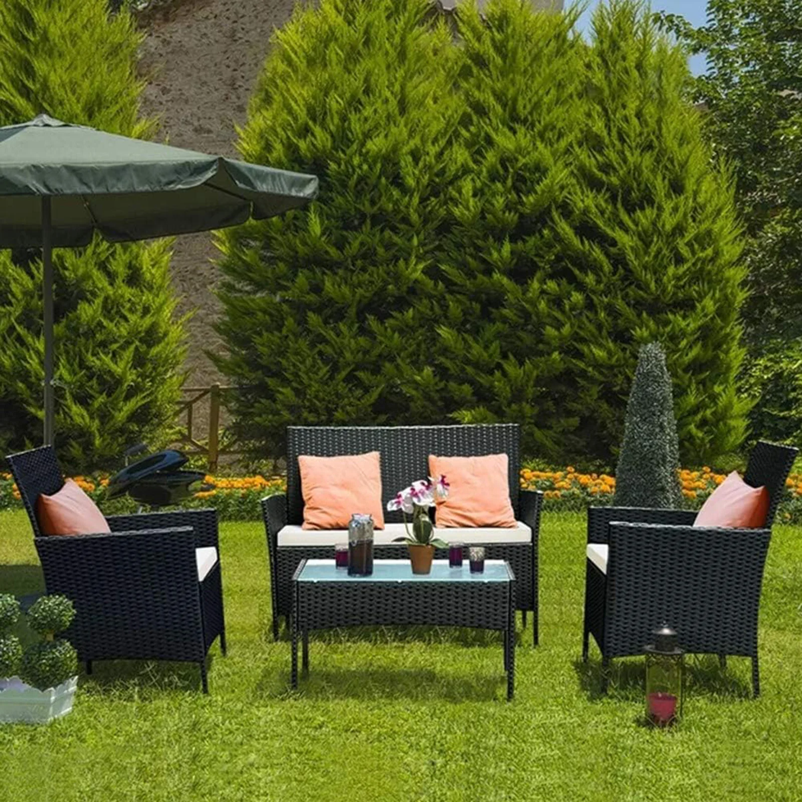 Bigzzia Zestaw mebli ogrodowych Home 4PC Patio Meble rattanowe sofa Tkana wiklinowa Sofa narożna Kanapa Meble Patio Ogród