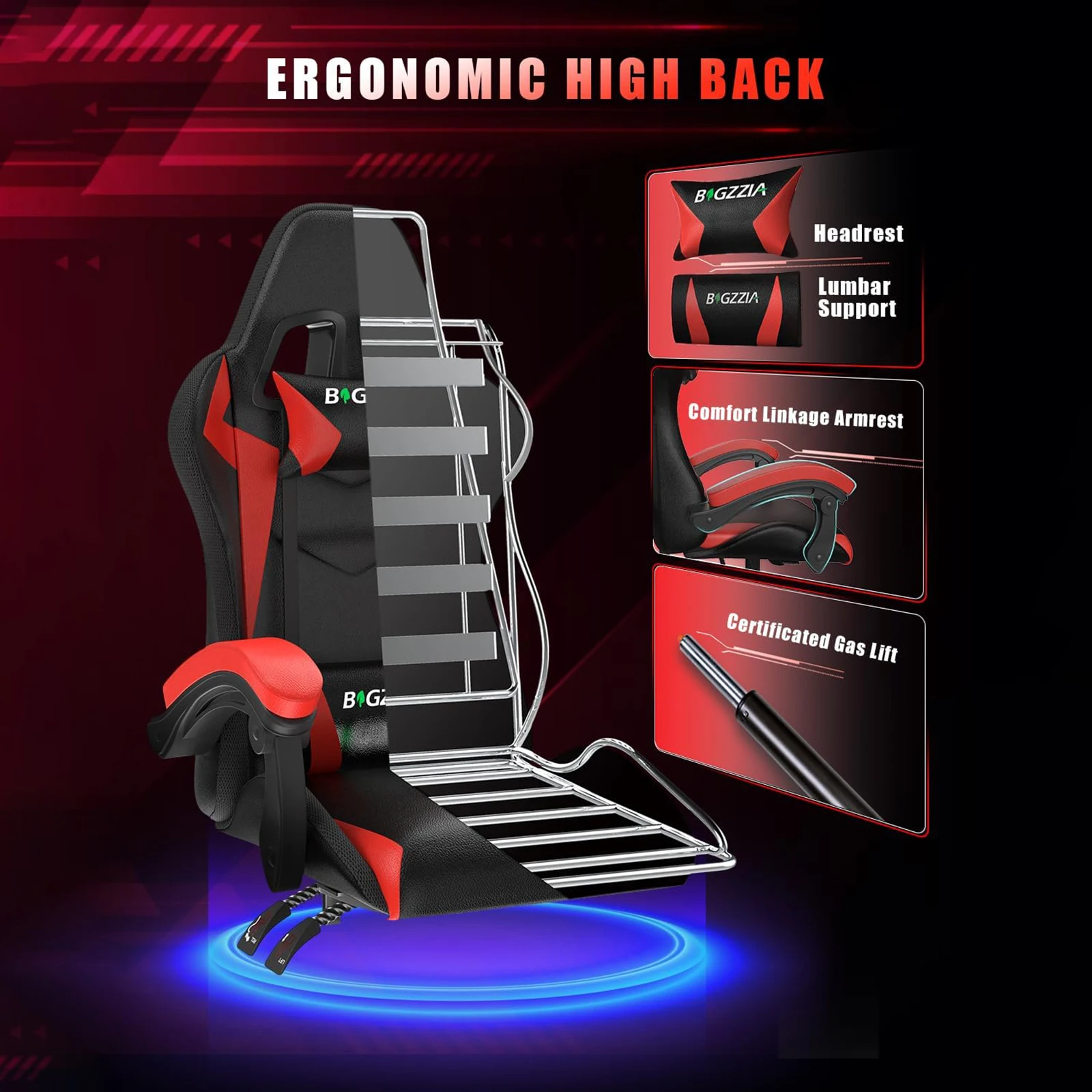 Bigzzia Chaise de jeu avec LED RGB Chaises de jeu Chaise PC ergonomique avec appui-tête Chaise de jeu Éclairage lumineux RVB Chaise d'ordinateur