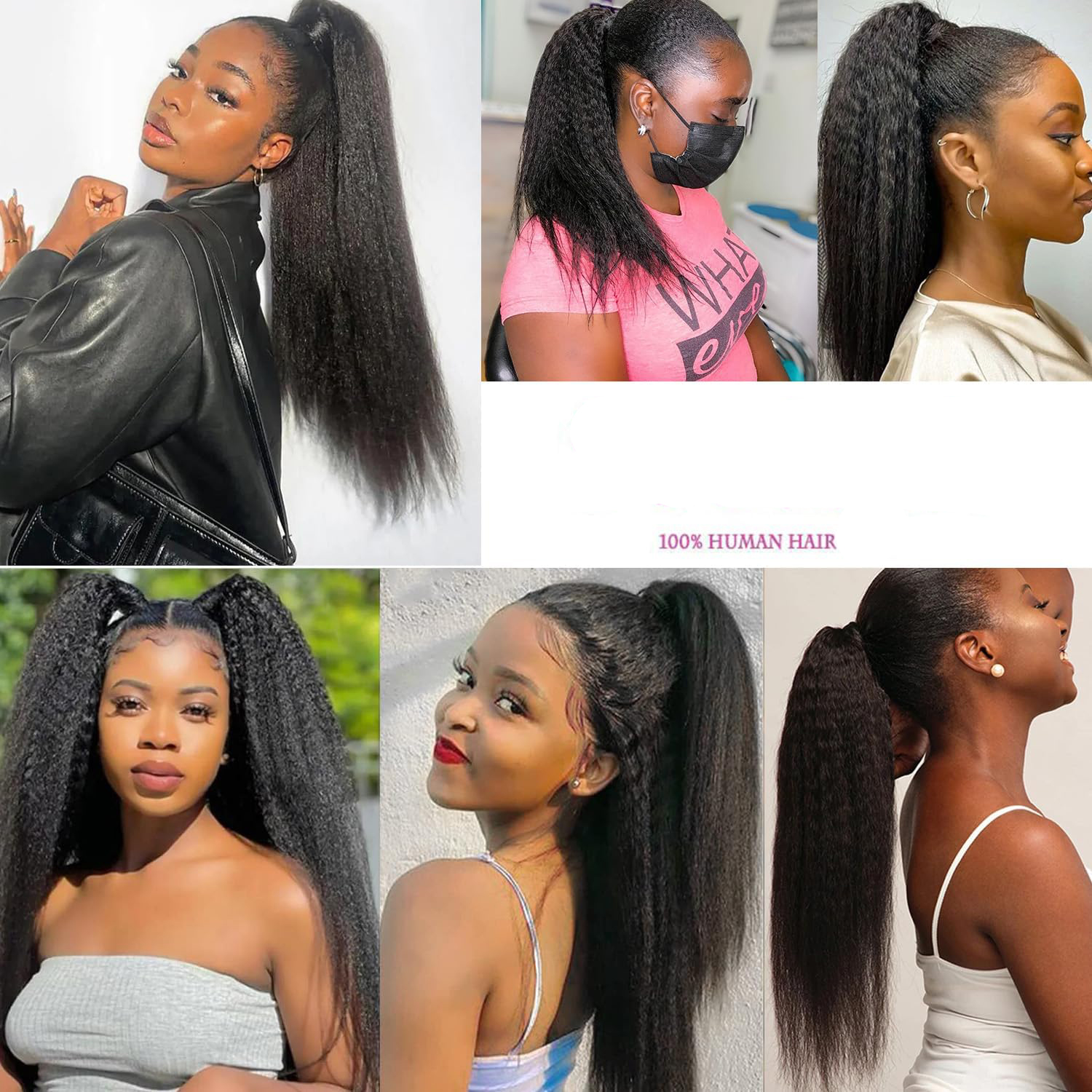 Crépus droite enveloppement cordon crépus droite queue de cheval de cheveux humains pour les femmes noires Yaki droite Remy queue de cheval de cheveux humains # 1B