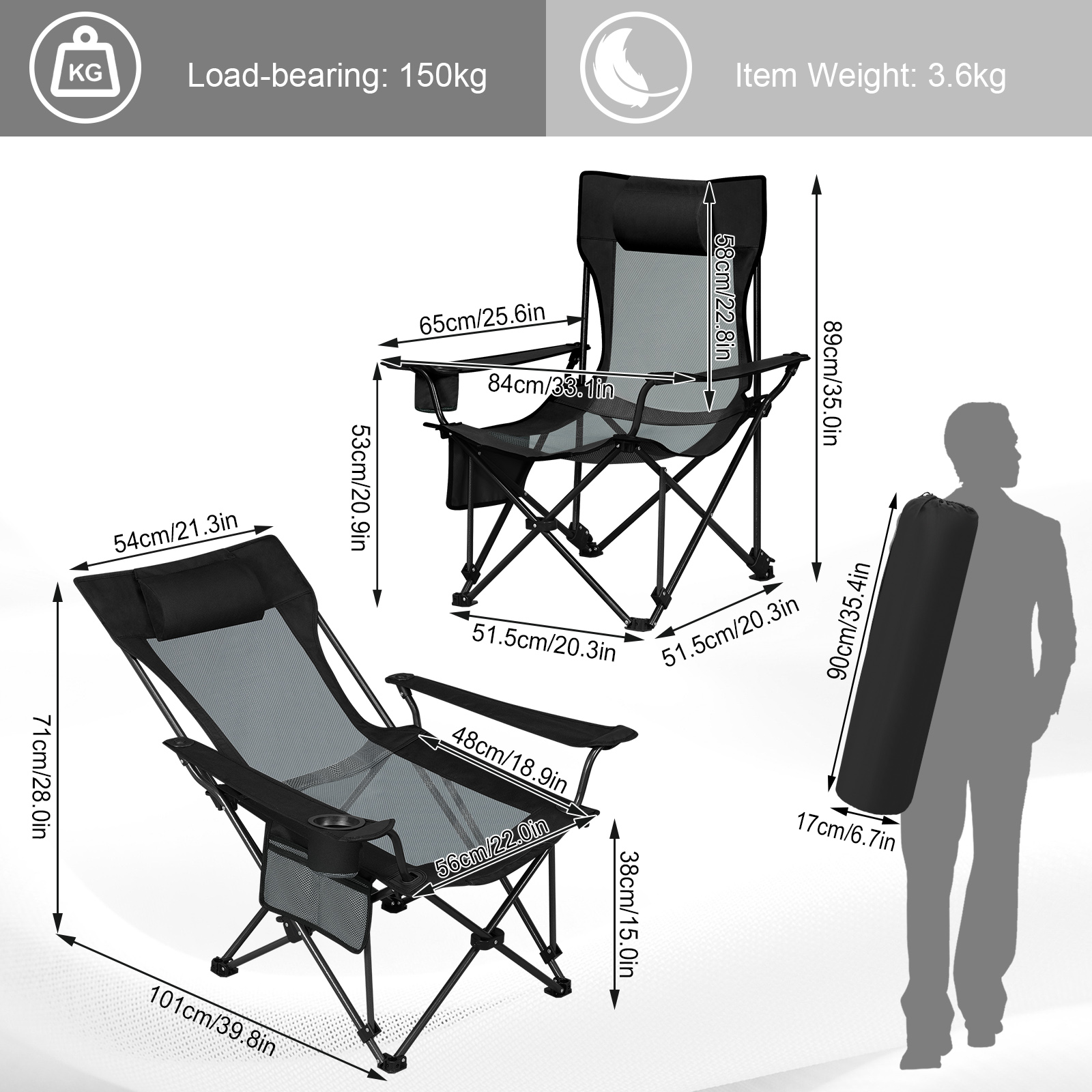 Chaise de camping pliable avec dossier réglable, chaise de pêche pliante, chaise inclinable ultralégère avec sac de transport, support de clics, Carry B