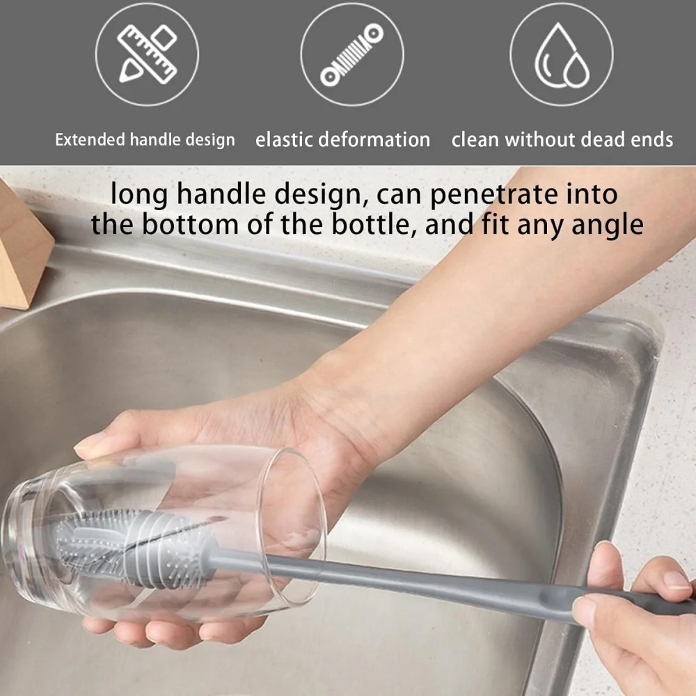 Spazzola per bottiglie di latte in silicone Spazzola per tazze Detergente per vetri Strumento per la pulizia della cucina Manico lungo Spazzola per la pulizia della tazza di vetro per bottiglie di bevande