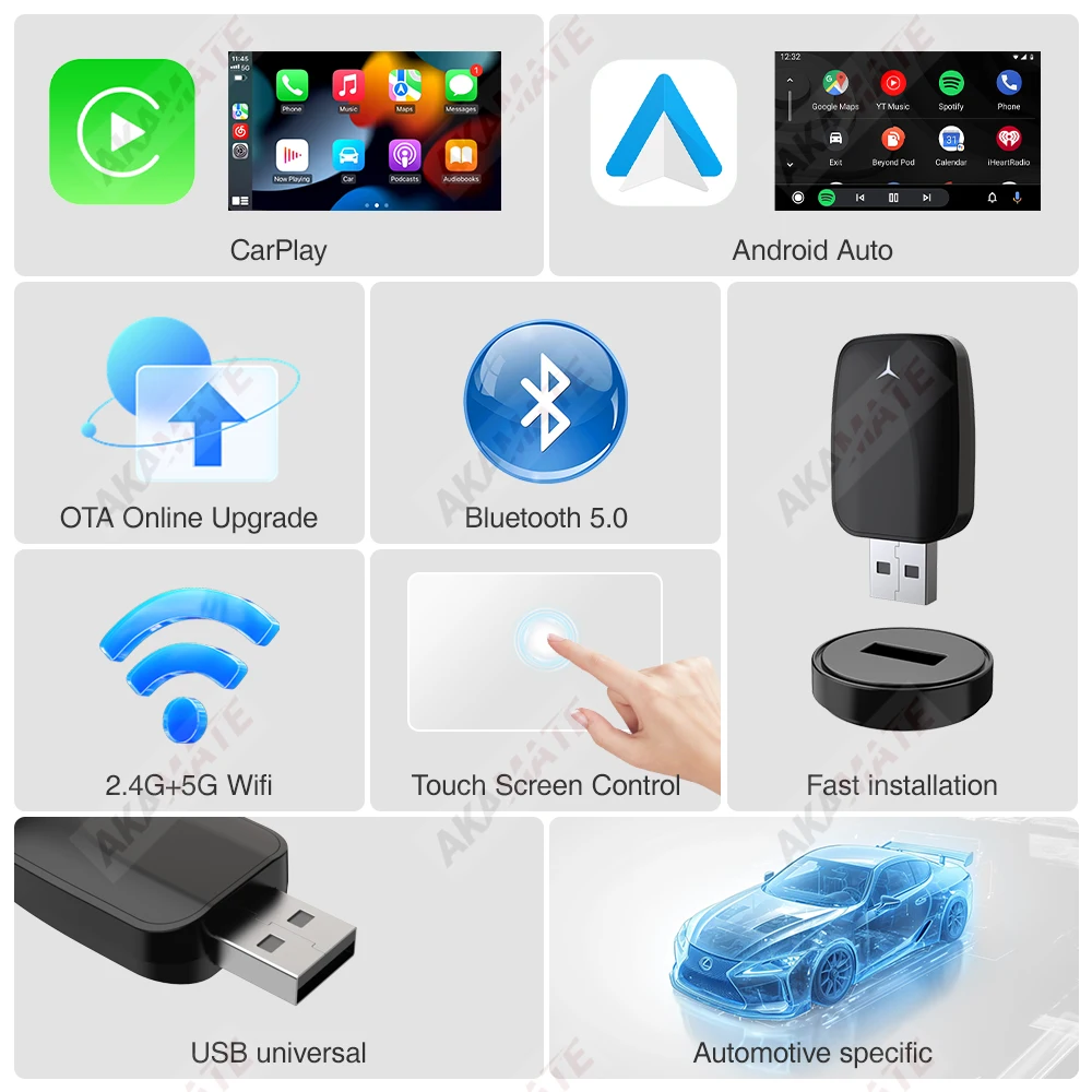 Dongle wireless CarPlay Adattatore wireless Android Auto 2 in 1 per veicoli CarPlay cablati OEM Autoradio Plug and Play Bluetooth ﻿