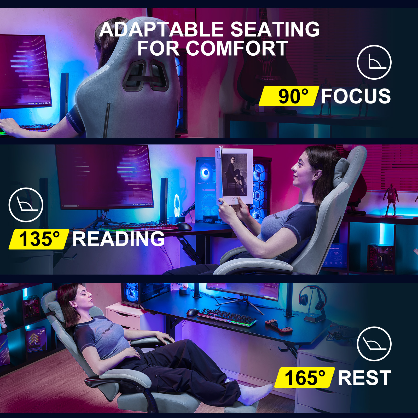 GTPLAYER Gaming Stuhl Ergonomischer Gaming Sessel Schreibtischstuhl mit Stoffoberfläche, Federsitzkissen, Verbindungsarmlehnen