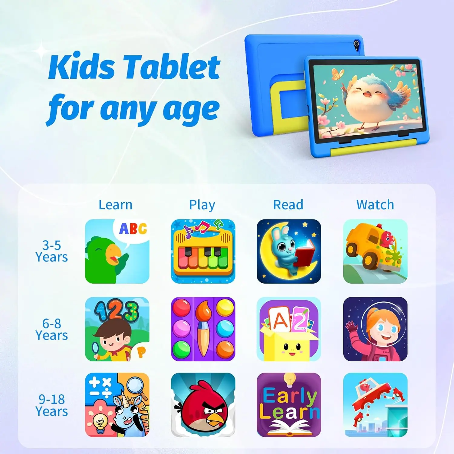 KT1016 Tableta Android 14 para niños 10 pulgadas Octa-Core 8 GB RAM 64 GB Almacenamiento 1 TB Control parental expandible Preinstalado KIDOZ