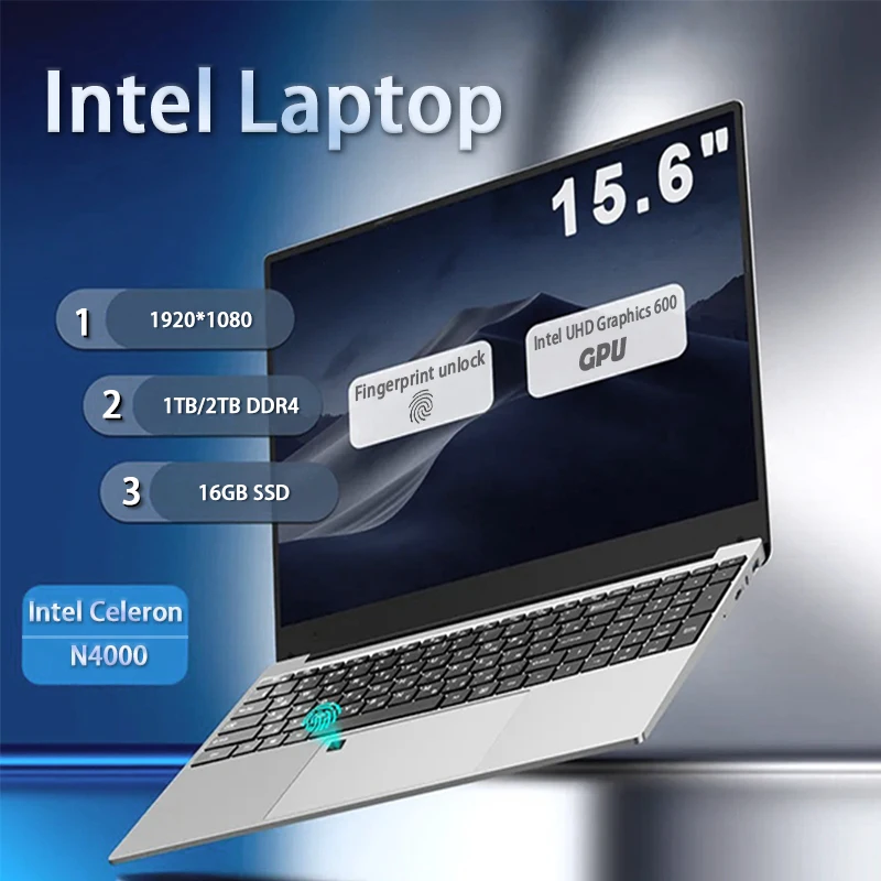 15.6 "Windows 11 Laptop Computer Intel Celeron N4000 Computer Vingerafdruk Ontgrendelen Notebook Laptops i7 Gaming 16GB DDR4 1/2TB SSD