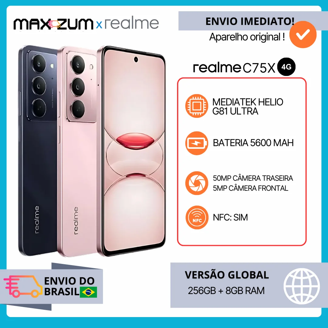 Realme C75x Smartphone Versão Global 8GB 256GB 6.67 "120Hz Display MediaTek Helio G81 Ultra 50MP AI Câmera 5600mAh Bateria