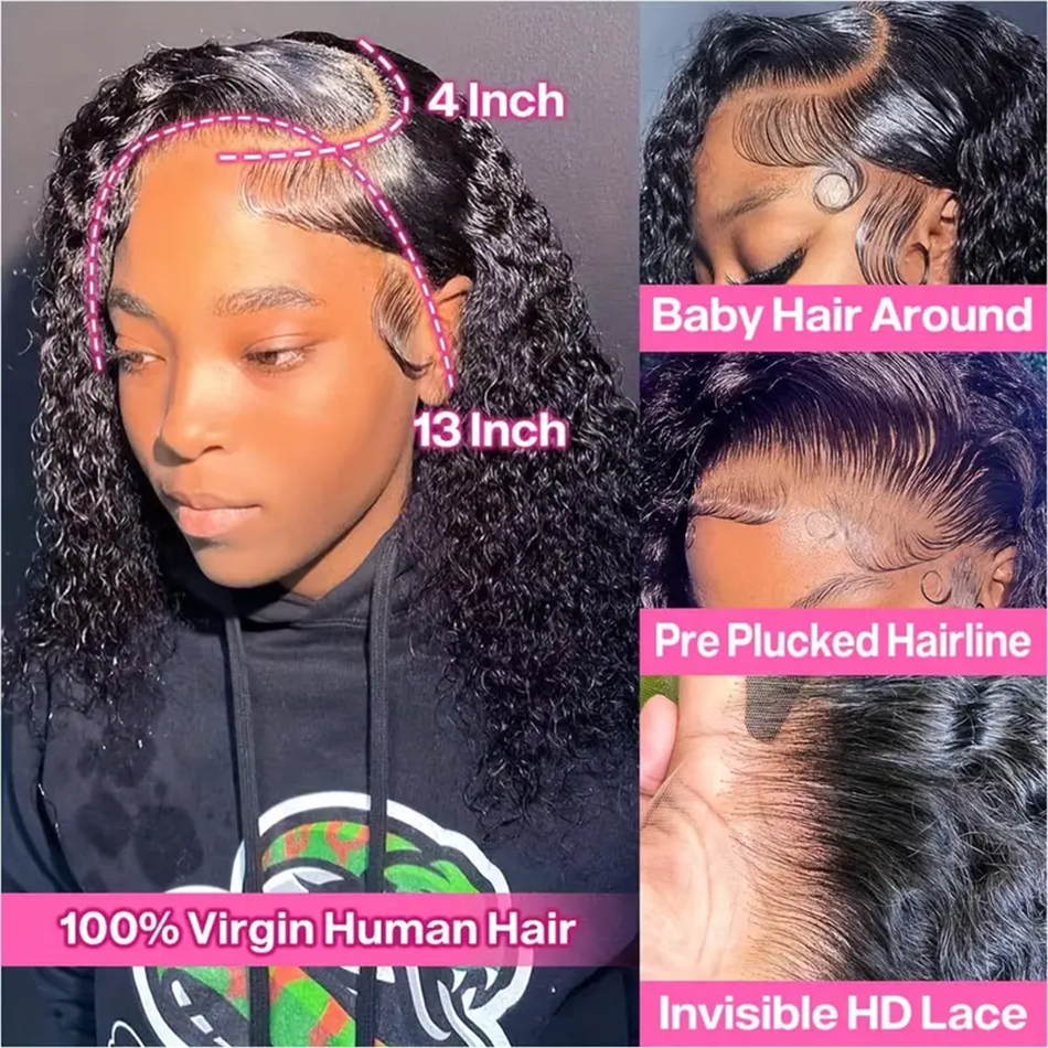 200% 밀도 딥 웨이브 밥 가발 인간의 머리 가발 100% 인간의 머리카락 미리 뽑은 깊은 곱슬 13x4 레이스 프런트 가발 여성용 짧은 밥 가발
