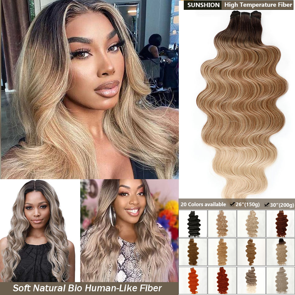 Sunshion Bio Human-Like Body Wave Hair Weave Bundles Synthetic Heat Resistant Fiber Hair Extensions Soft Natural Hair Extension