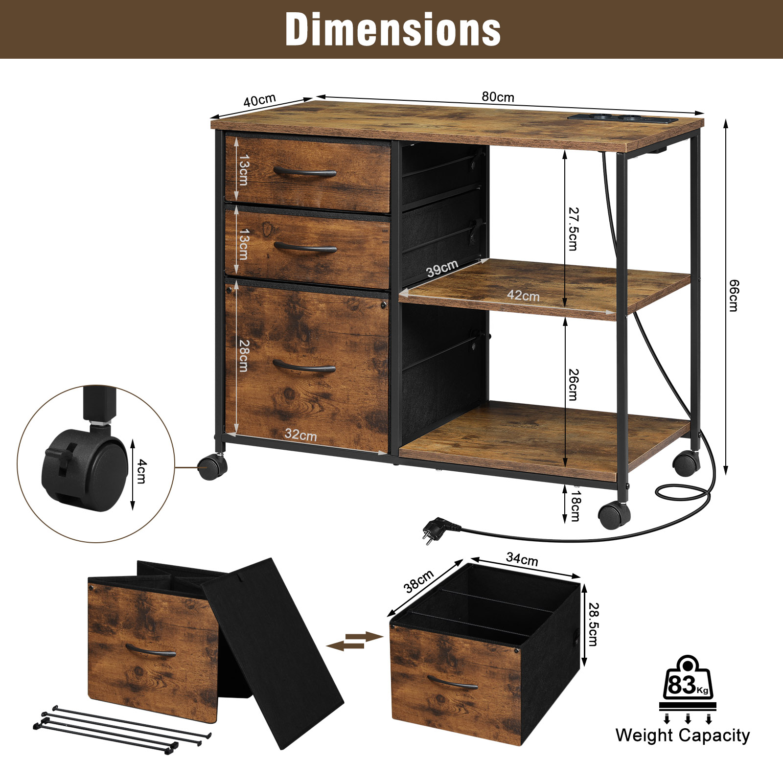WOLTU Aktenschrank mit Ladestation, 3 Stoffschubladen, Rollbehälter, Drucktisch mit Rollen für Büro und Zuhause
