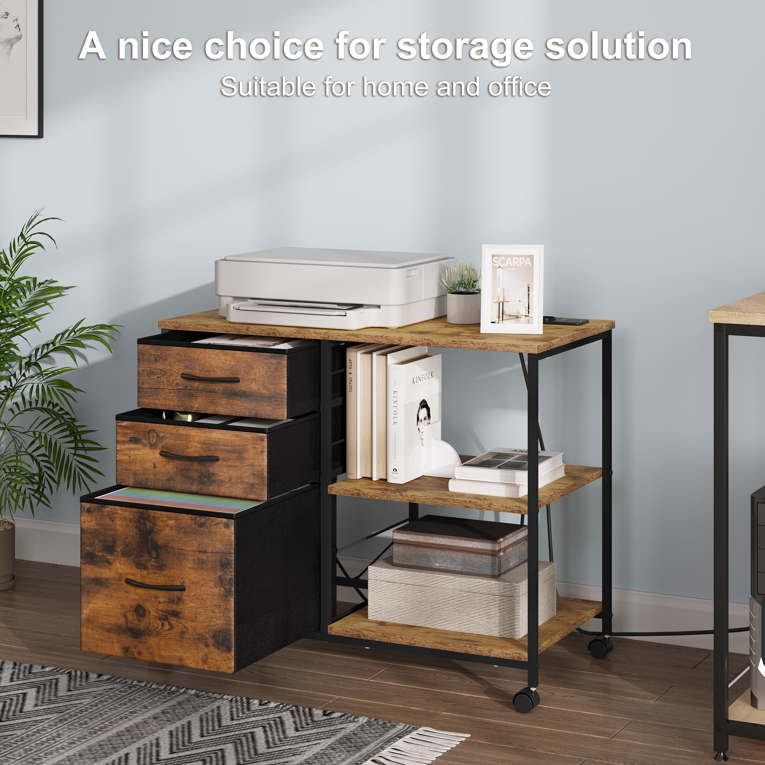 WOLTU Aktenschrank mit Ladestation, 3 Stoffschubladen, Rollbehälter, Drucktisch mit Rollen für Büro und Zuhause