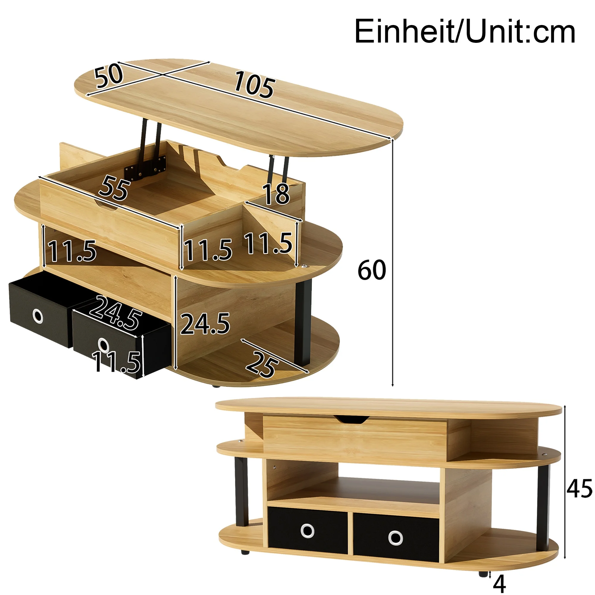 Couchtisch, Stilvolles Design, Praktischer Stauraum, mit Hebefunktion, Schwarz-Holz
