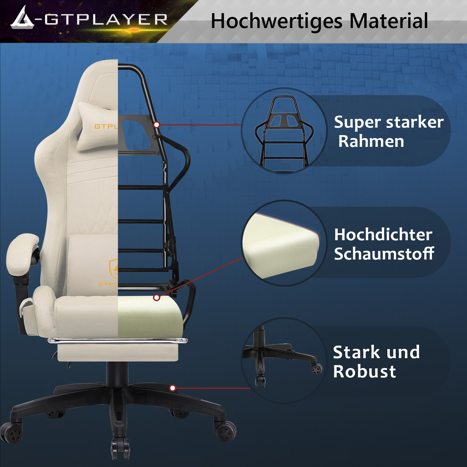 GTPLAYER Gaming stoel Ergonomische Gaming fauteuil Bureaustoel PC Voetsteun luidspreker Muziek Bureaustoel tot 150 kg