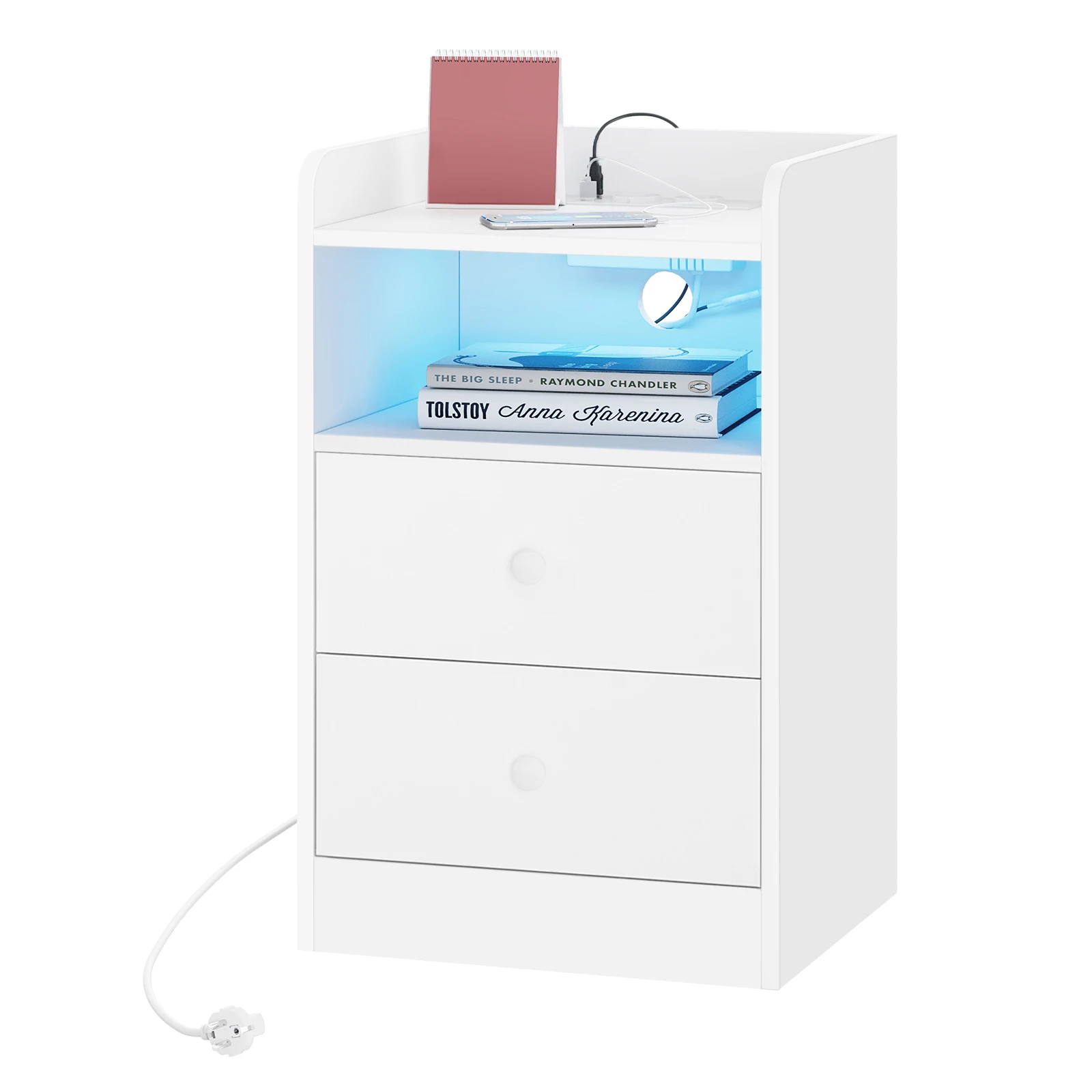 Nightsatand Comodino con stazione di ricarica Prese USB Porte Tavolino con luce a LED Tavolo da letto in legno