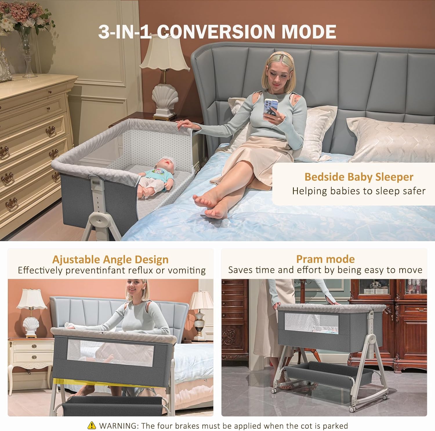 Cama de bebê 3 em 1 com cesta de armazenamento e mosquiteiro, berço de bebê com cinco ajustes de altura, berço de cabeceira para recém-nascidos de 0 a 12 meses