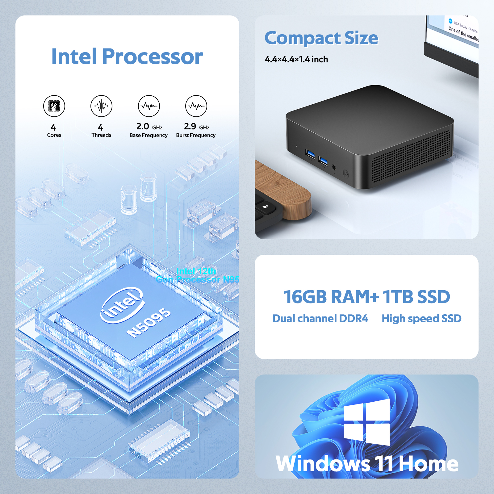 New Portable Computer Intel Windows 11 Wireless WIFI Bluetooth 11th Gen N5095 Mini PC Desktop Gaming Computer DDR4 16GB 1TB SSD