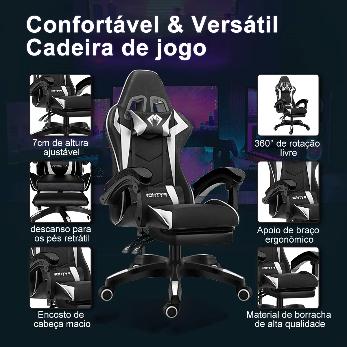 Cadeira gamer de última geração, ergonômica, regulável em altura, plana, com apoio para os pés (preto)