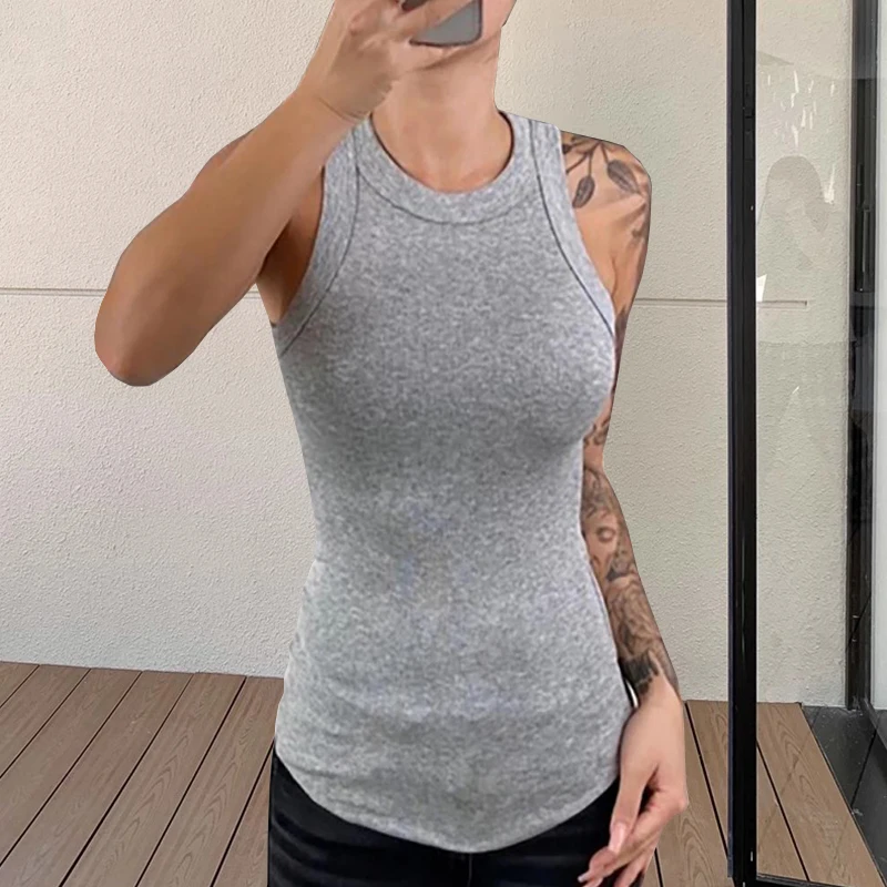 Solid Basic Tank Soft Top สําหรับผู้หญิงฤดูร้อนชุดเซ็กซี่รอบคอ Tank Top ถักด้านล่างเสื้อแขนกุด Top Jacket