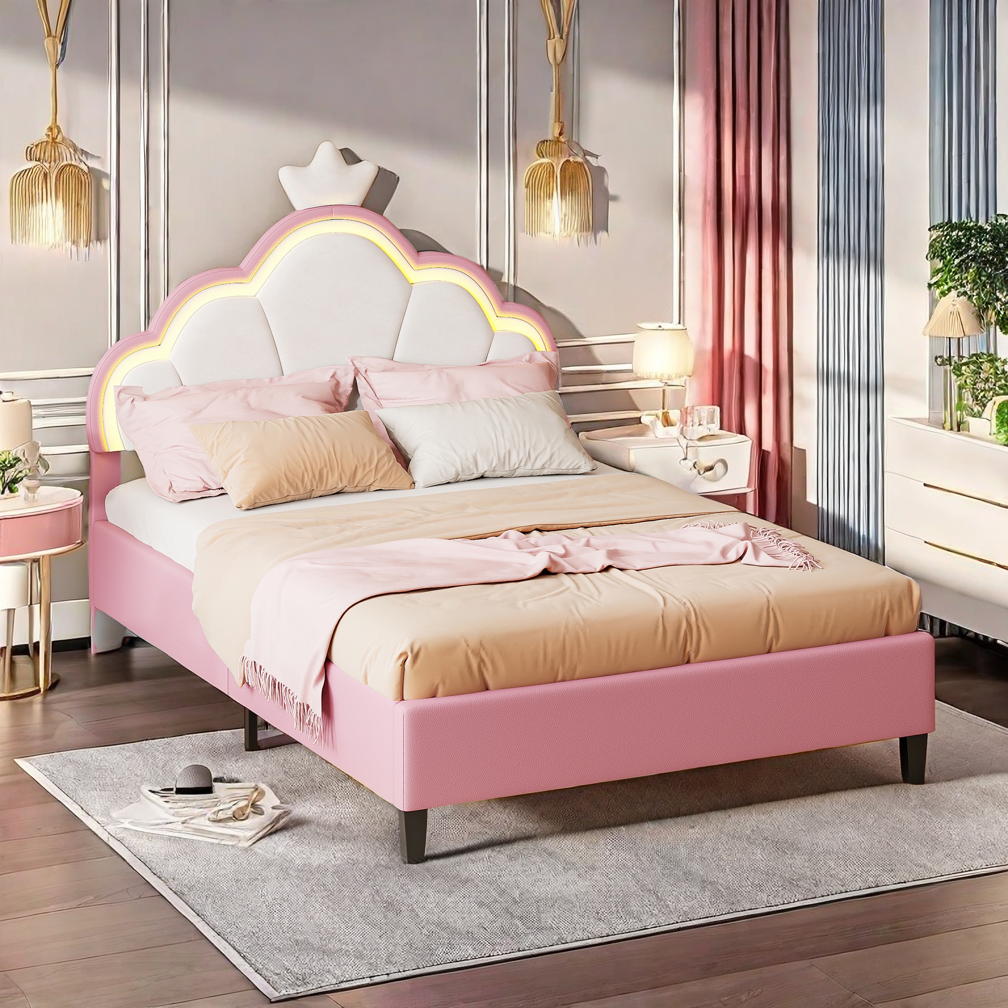 Rosahqnda Lit enfant, lit simple fille, lit double, lit princesse en forme de couronne, tête de lit réglable, rose