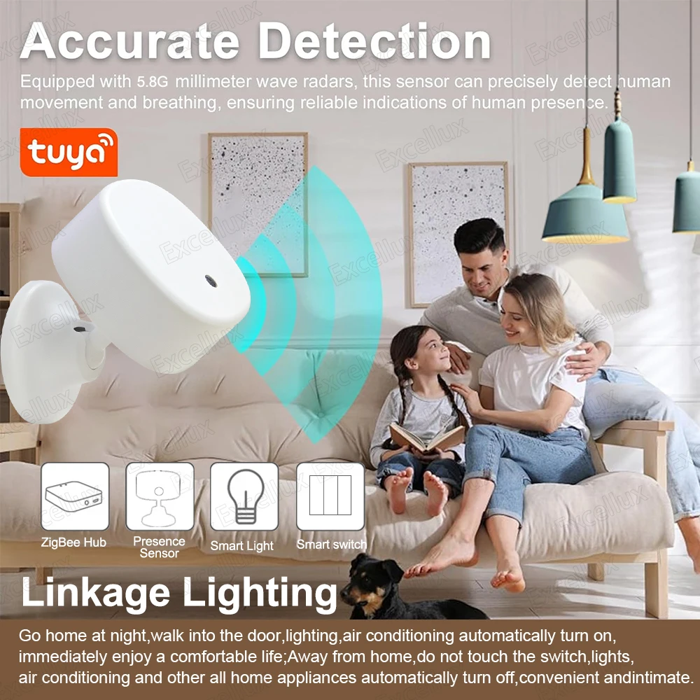 Sensor de movimiento de presencia humana Wifi/ZigBee 3,0 MmWave con detección de iluminancia/distancia automatización del hogar Tuya Smart Life