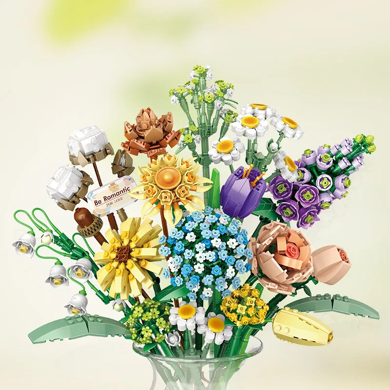 Blocs de construction de Bouquet de fleurs de roses romantiques, modèle de tournesol, briques, décoration de bureau créative, jouets DIY pour enfants, cadeaux pour filles