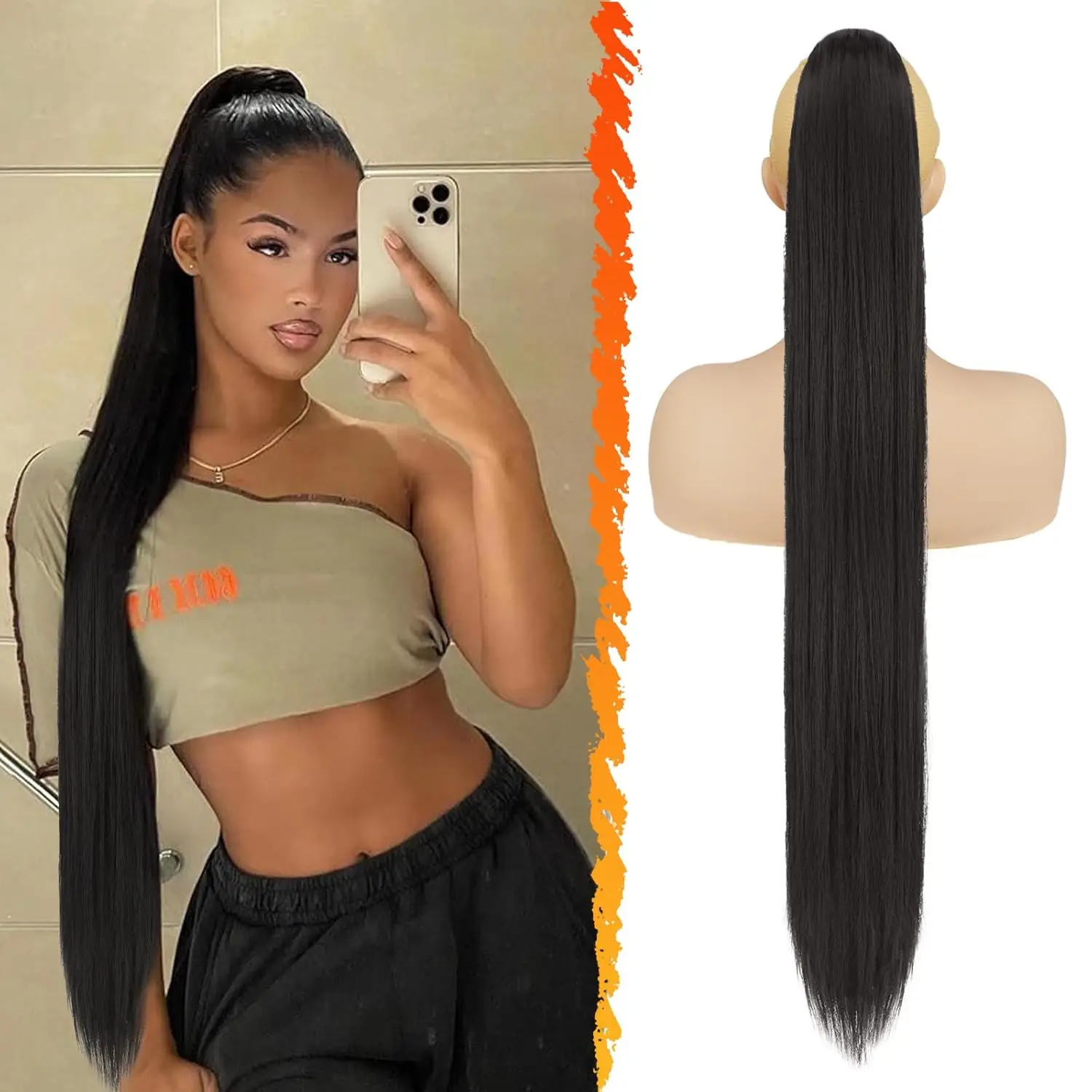 Extensões de cabelo humano de rabo de cavalo reto com clipe em cordão rabo de cavalo reto rabo de cavalo brasileiro para mulheres preto natural # 1B
