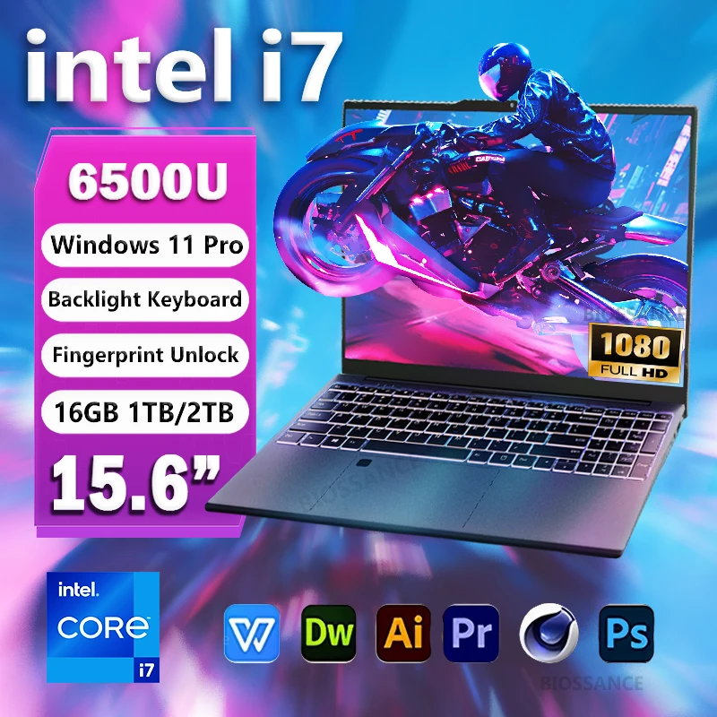 Laptop z odblokowaniem odciskiem palca 2025, Windows 11, 15.6", Intel Core i7 6500U, 16GB RAM, 1TB SSD, komputer do gier i pracy biurowej, notebook z podświetlaną klawiaturą.
