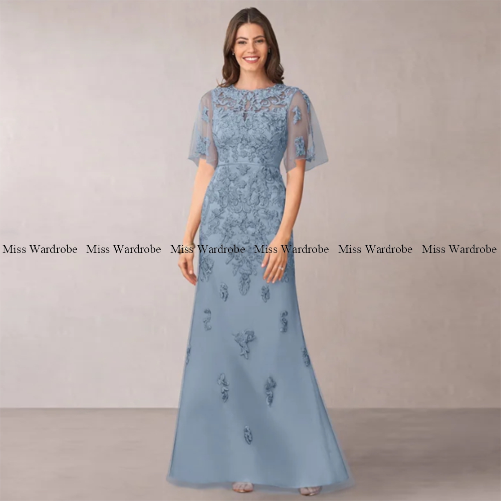 Mutter Der Braut Blau Kleider Bodenlangen Tüll Applique Kurzarm Lange Für Hochzeiten Formale Party Kleid Elegante Customze