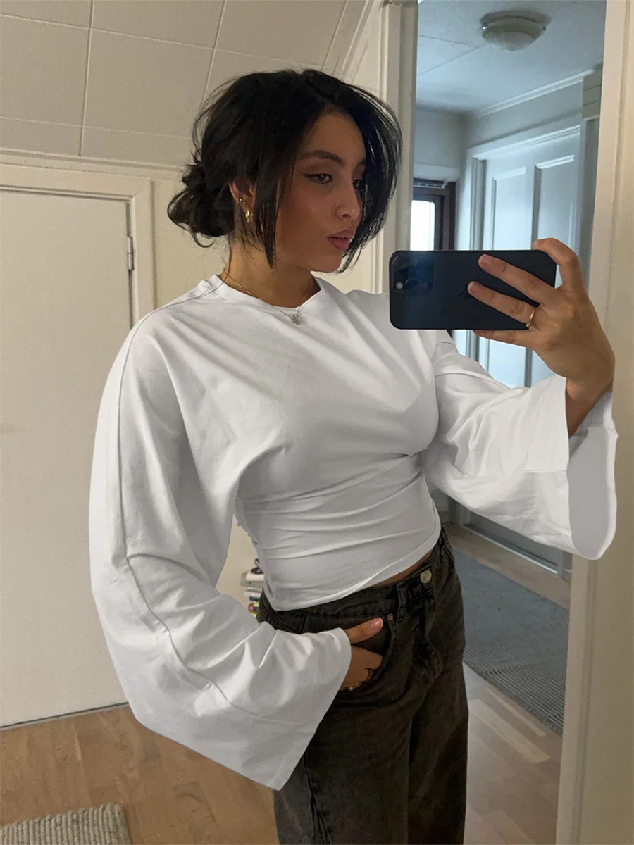 Top corto da donna, tinta unita, girocollo, spalla frontale, maniche lunghe larghe, vita stretta, top corto sottile, casual quotidiano, semplice e versatile