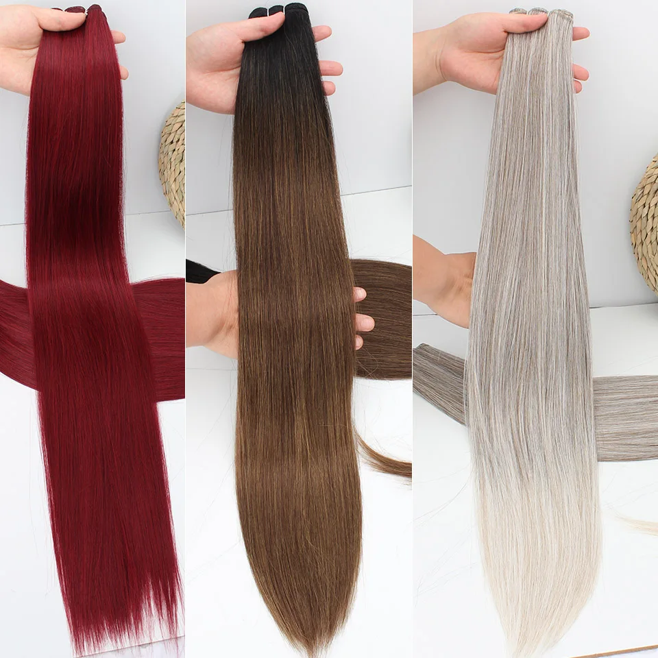Bio feixes de cabelo reto 26 "natural macio resistente ao calor fibra sintética extensões de cabelo proteína tecer cabelo reto