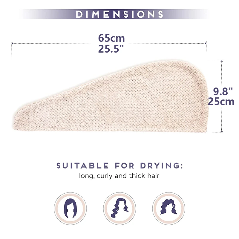 Toalha de cabelo de cor sólida Touca de cabelo seca texturizada 9,8 "X 25,5" envoltório de toalha de cabelo absorvente para mulheres com botões