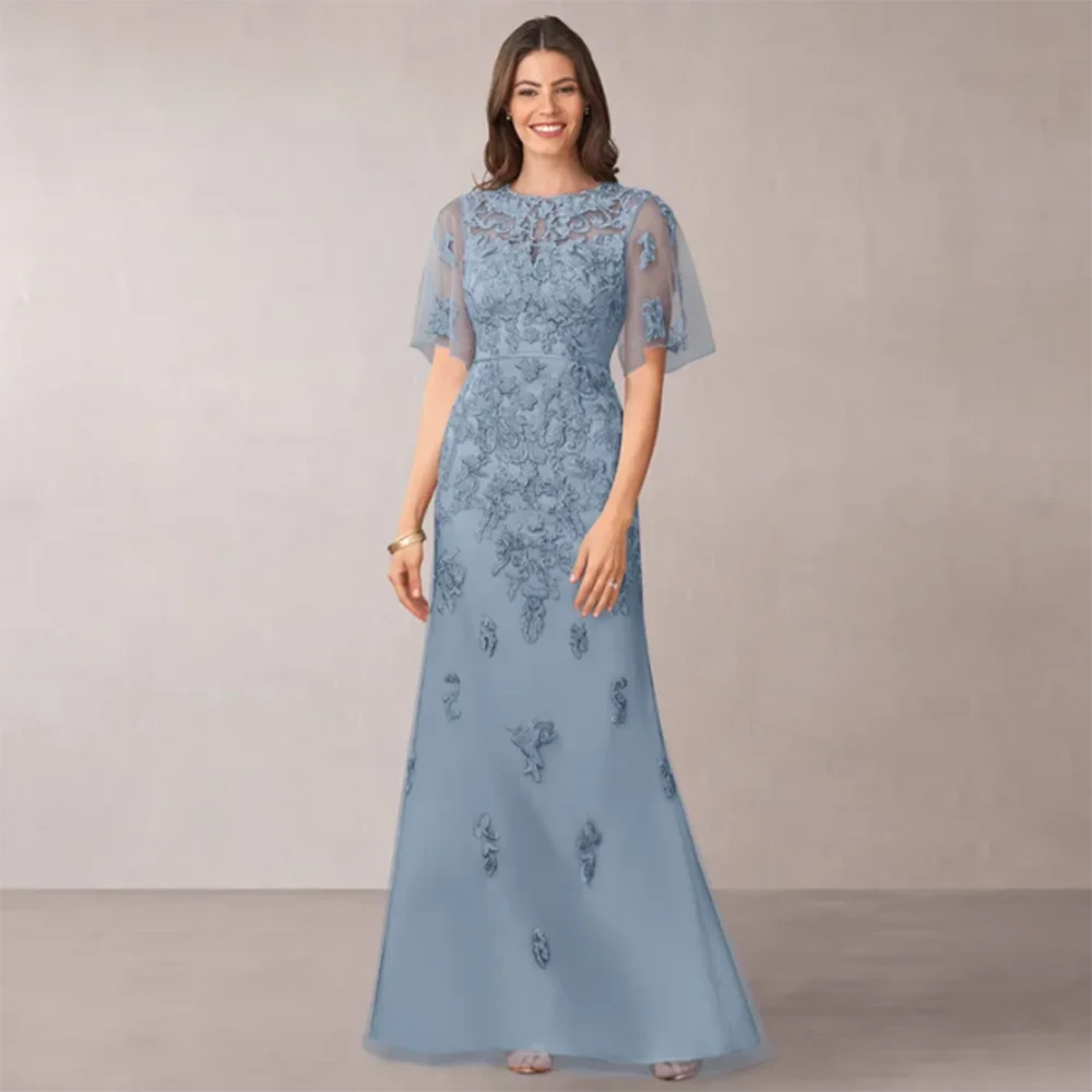 Vestidos azules de la madre de la novia, apliques de tul hasta el suelo, manga corta, vestido de fiesta Formal, elegante, personalizado