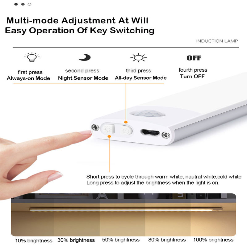20/30/40CM USB Rechargeable Motion Sensor Light Wireless 3 Colors Dimming LED Closet Night Light Kitchen Cabinet Lamp For Xiaomi