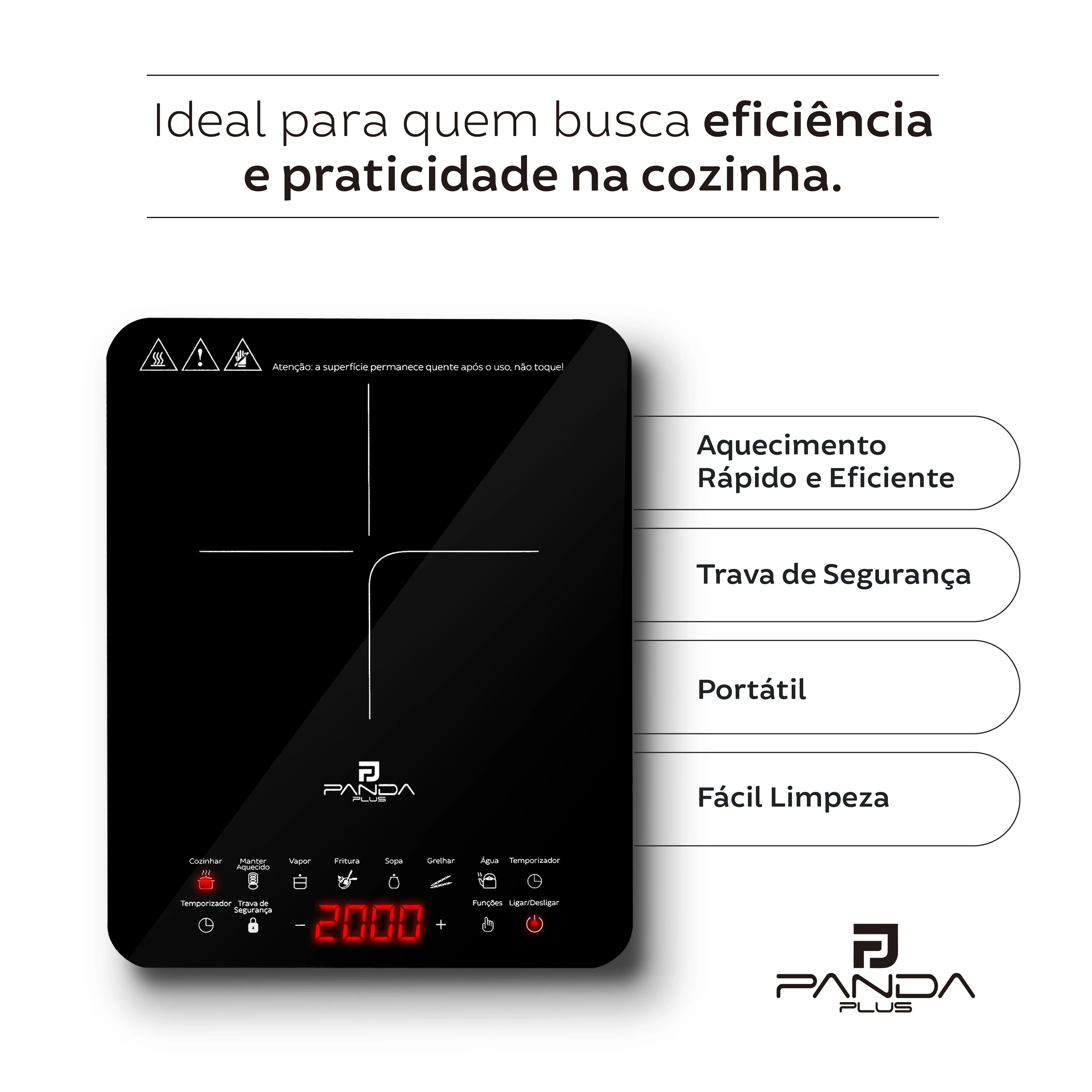 Cooktop Indução 1 Boca Portátil PandaPlus 2000W 220V Touch 8 Níveis Potência Temperatura Trava de Segurança Timer Vitrocerâmico