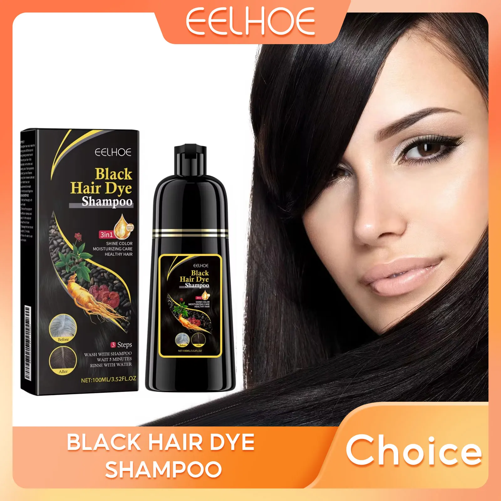 Eelhoe 3-em-1 shampoo de tintura de cabelo para escurecimento limpeza do cabelo shampoo de cor de cabelo polygonum multiflorum crescimento de tintura de cabelo shampoo 500ml