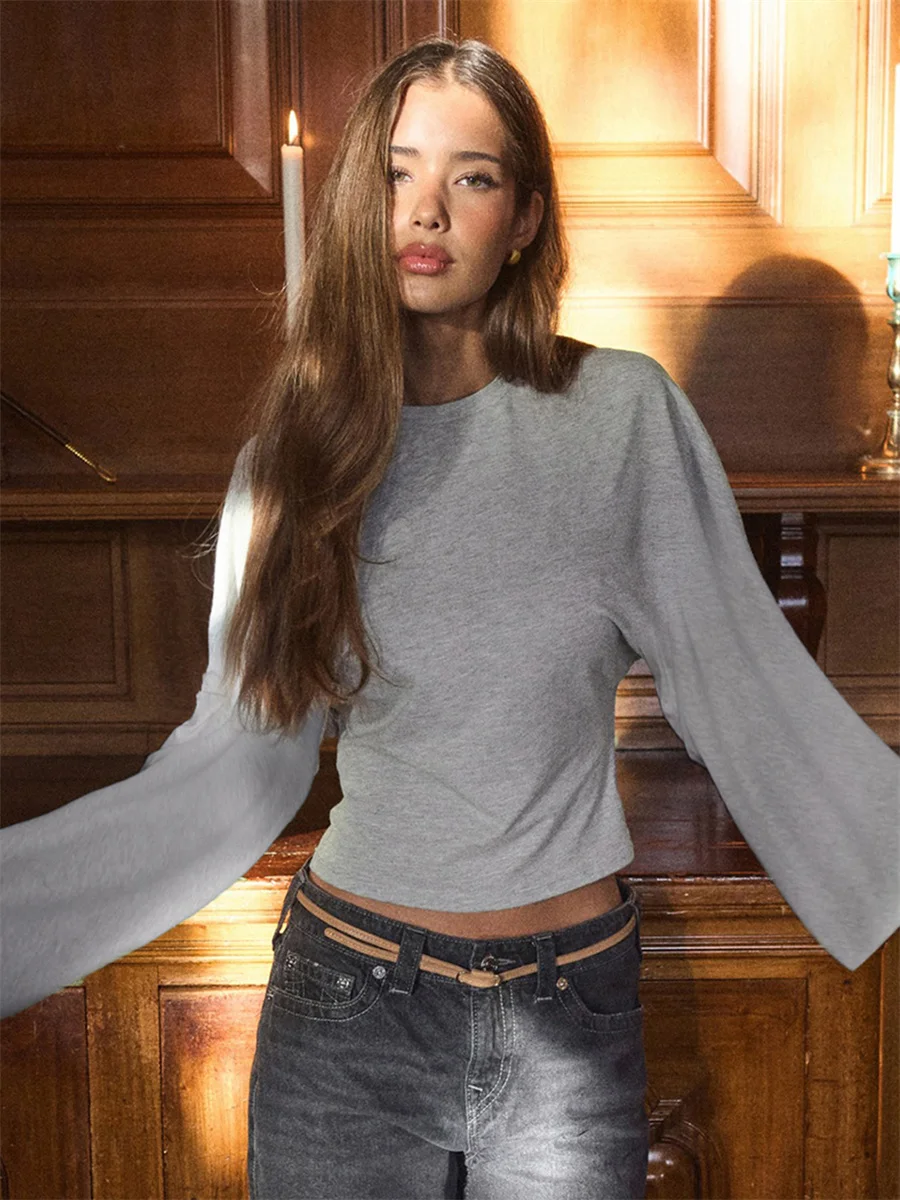 Top corto da donna, tinta unita, girocollo, spalla frontale, maniche lunghe larghe, vita stretta, top corto sottile, casual quotidiano, semplice e versatile