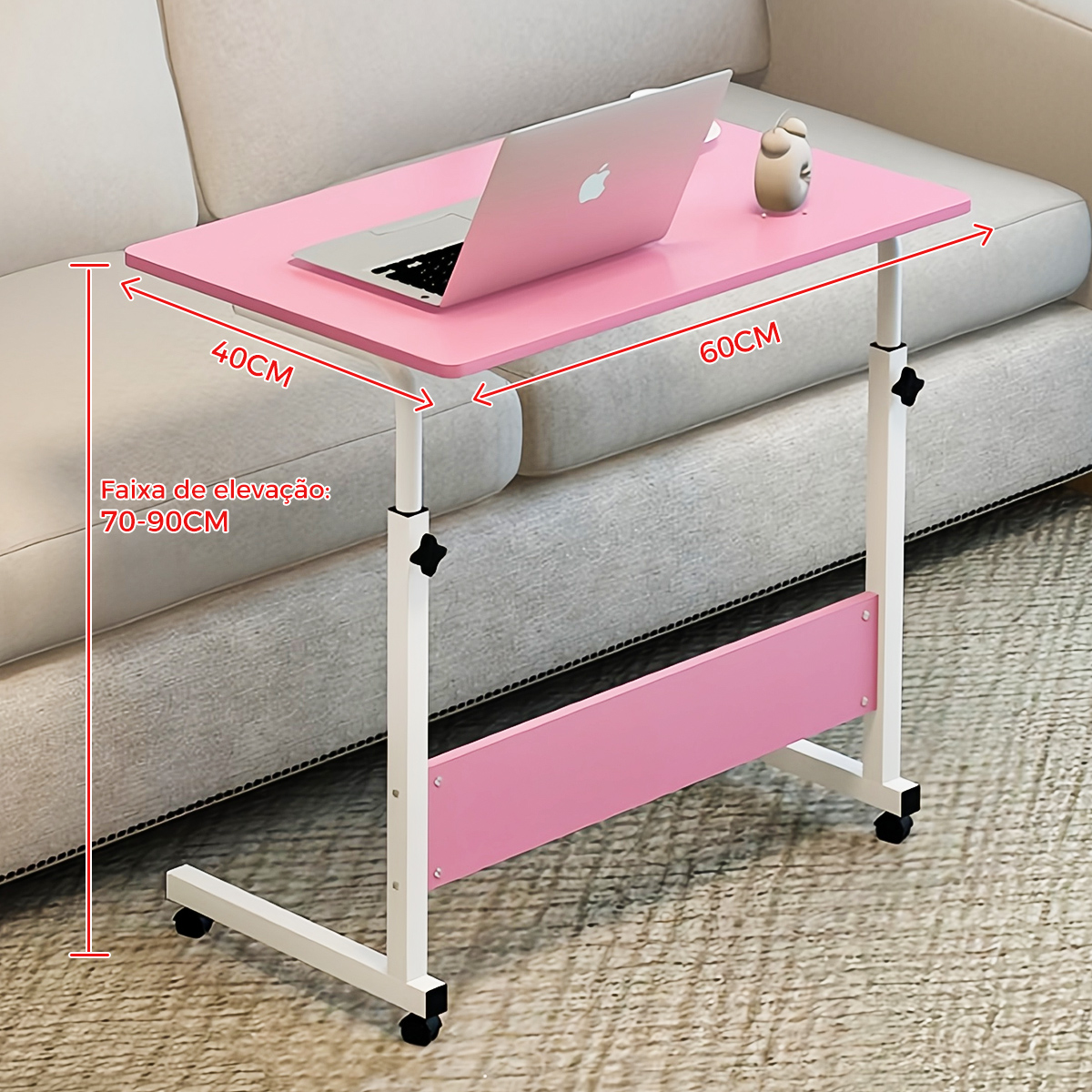 Mesa ajustável para laptop com rodas, mesa giratória para computador ao lado do sofá-cama, mesa elevatória para laptop, mesa lateral