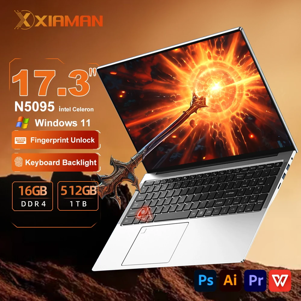 17.3 "computador portátil intel celeron n5095 16gb ddr4 1tb ssd windows 11 impressão digital escritório laptops computador portátil notebook