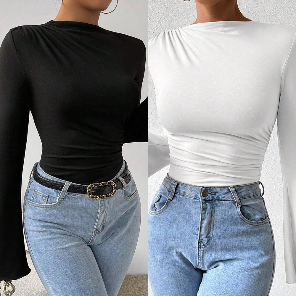 Mia Muse Damen-Bodys, Herbst, koreanisch, einfarbig, langärmelig, Rundhalsausschnitt, lässige Overalls und Playsuits