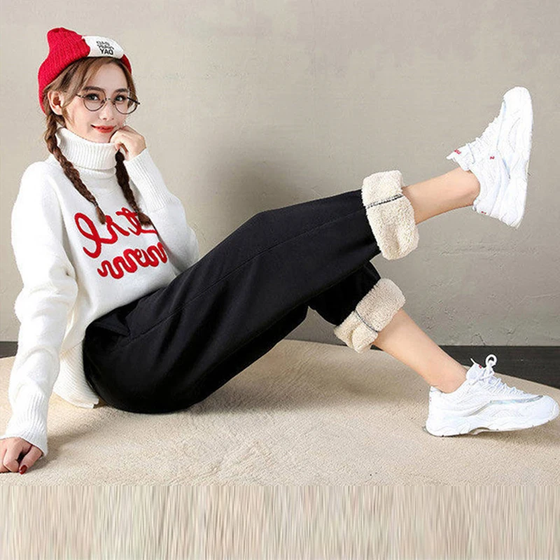 Calça de lã com harém feminino, corredores longos, calça quente, casual esportiva, monocromática, Y2K, inverno