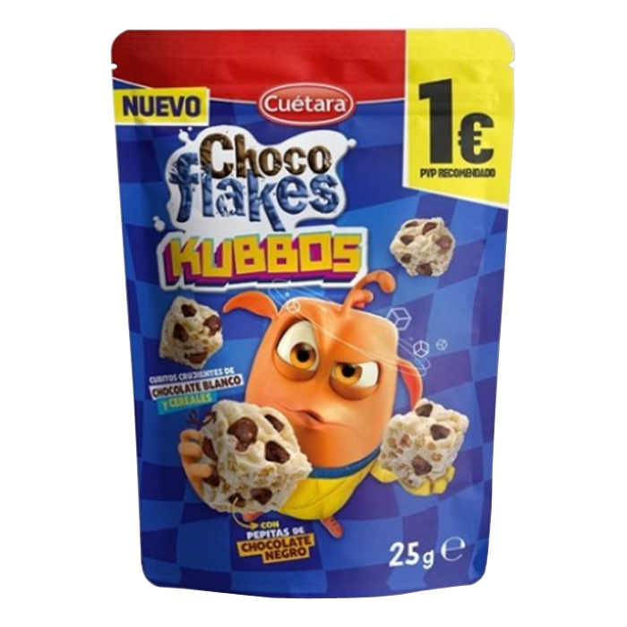 Cuétara Kubbos Choco Flocos - Chocolate ao Leite ou Chocolate Branco - 9 pedaços de 25g - cereais em forma de cubo