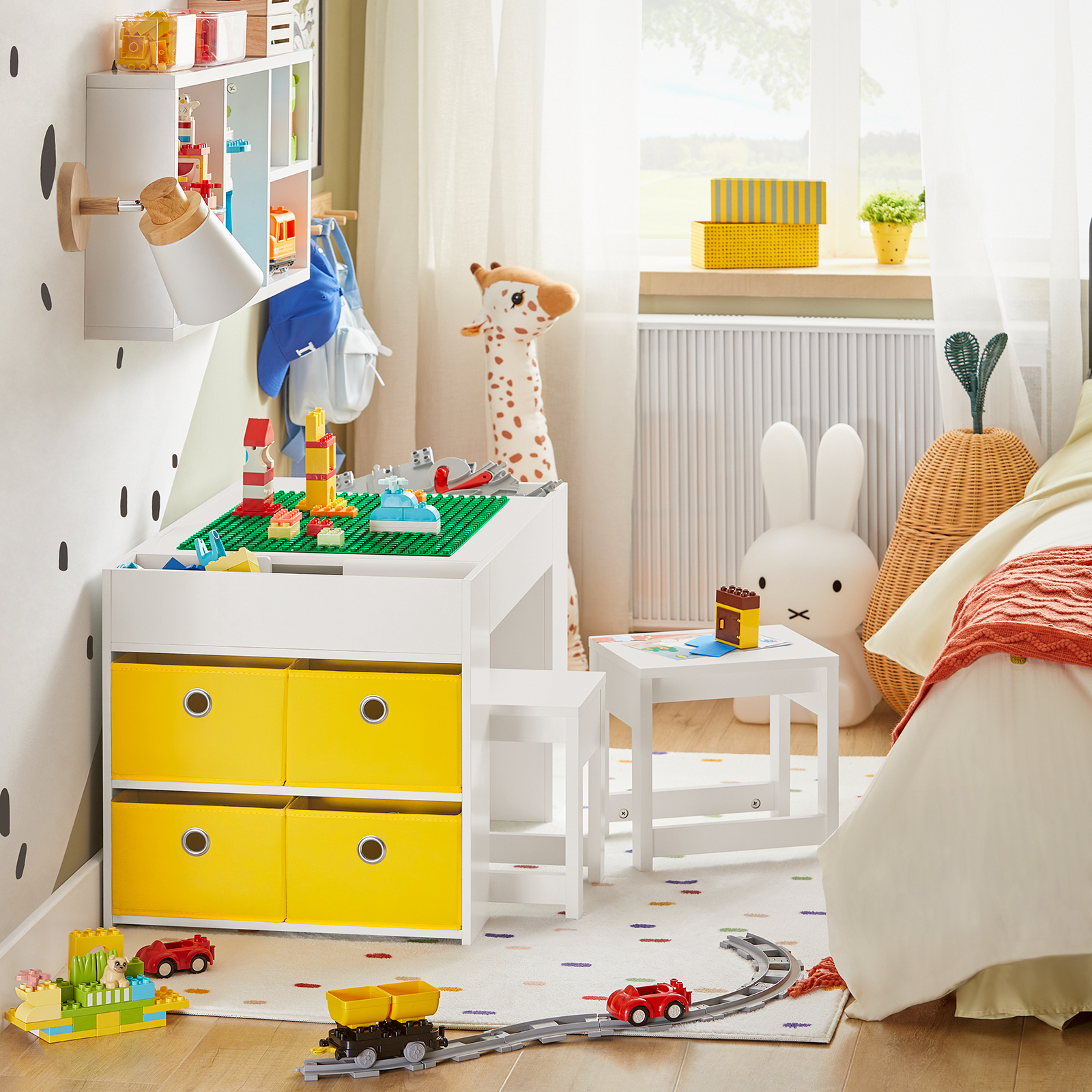 SoBuy KMB75-W Kindertisch mit 2 Stühlen Kindersitzgruppe mit Stauraum multifunktionaler Kindersitzgruppe Kinder Tisch Stuhl Set