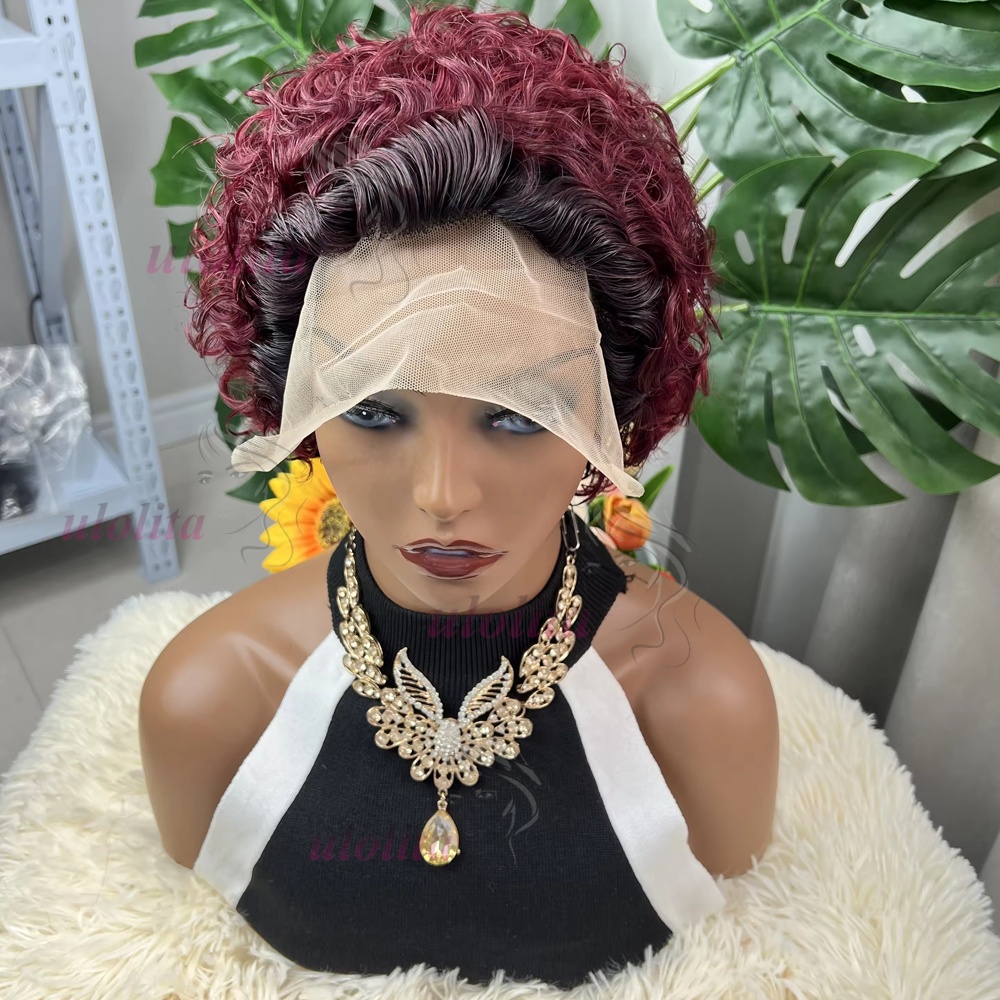 T1B/99J Pixie Cut Pruiken Kort Krullend Kant Voor Menselijk Haar Pruik Voor Vrouwen Braziliaanse Water Wave Bob pruik 13X4 Transparant Kant Pruik