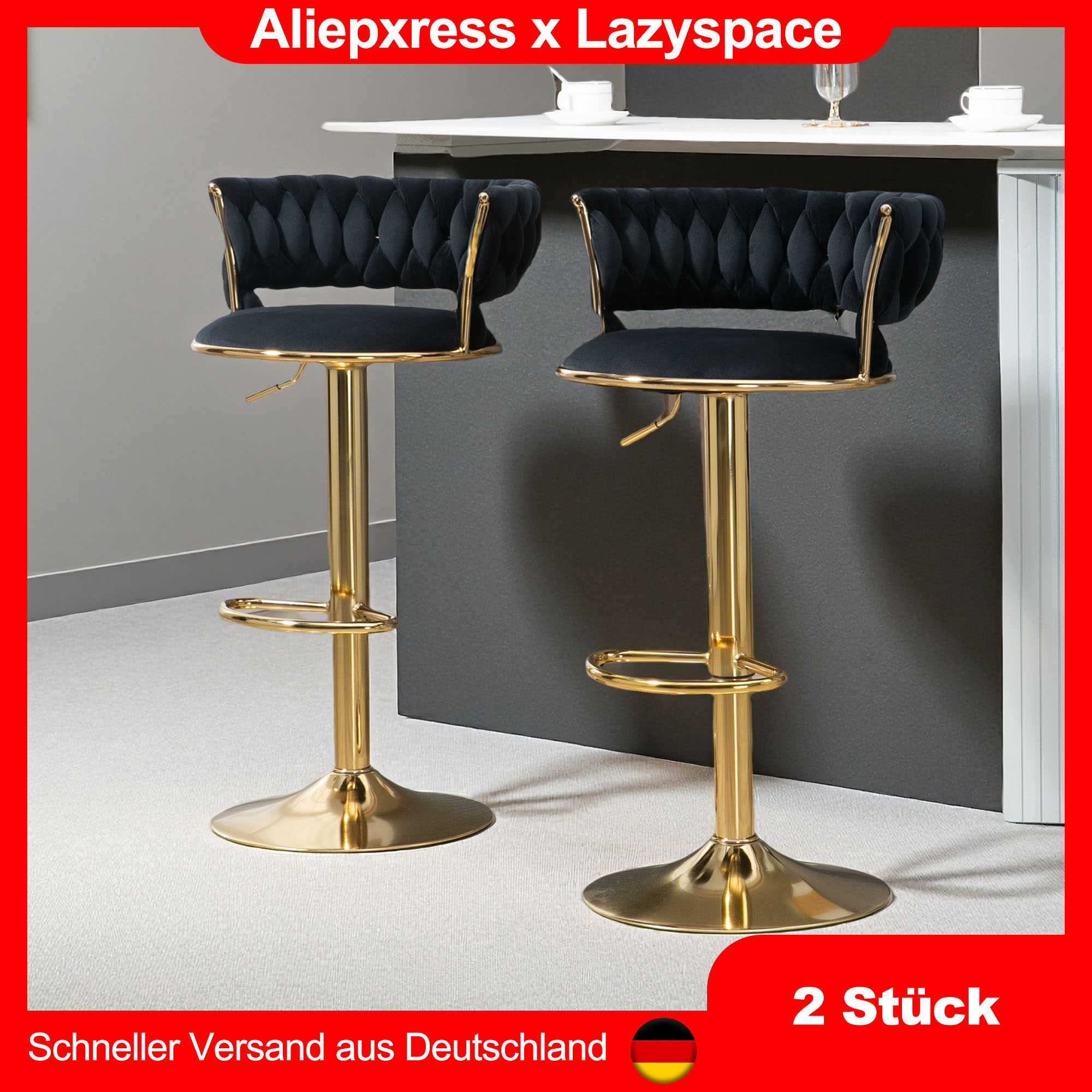 Lazyspace Barhocker, 360° °   Drehbarer, höhenverstellbarer Barhocker, weich gepolsterter Esszimmerstuhl aus Samtstoff, vielseitig einsetzbar