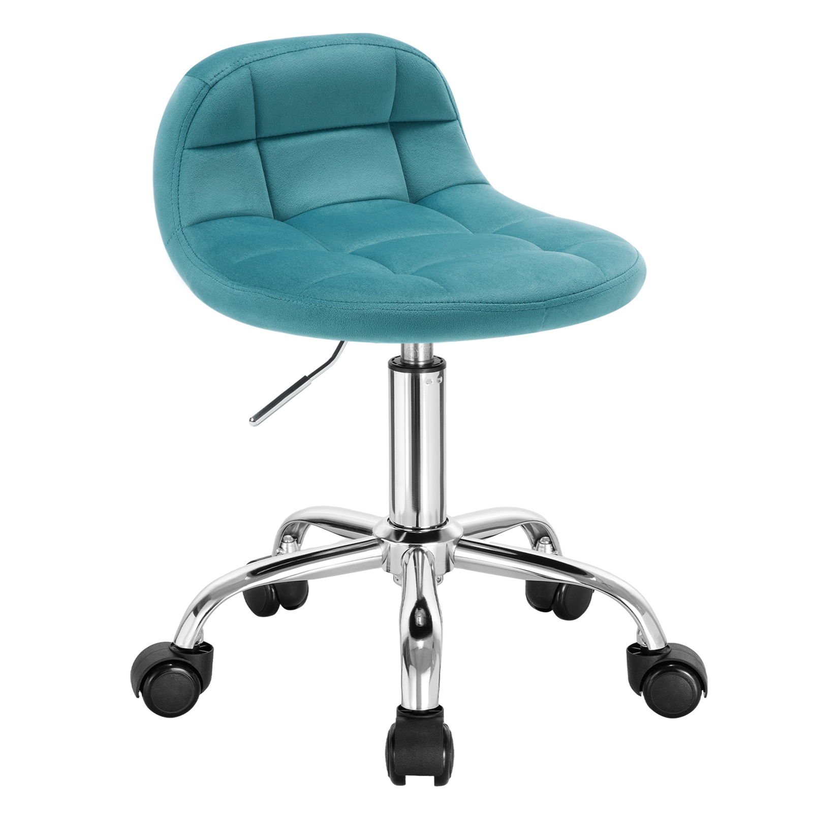 1 x Samt-Bürohocker mit Rollen, niedrige Rückenlehne, drehbarer Arbeitshocker, Computer-Schminkstuhl, höhenverstellbarer Rollwippe