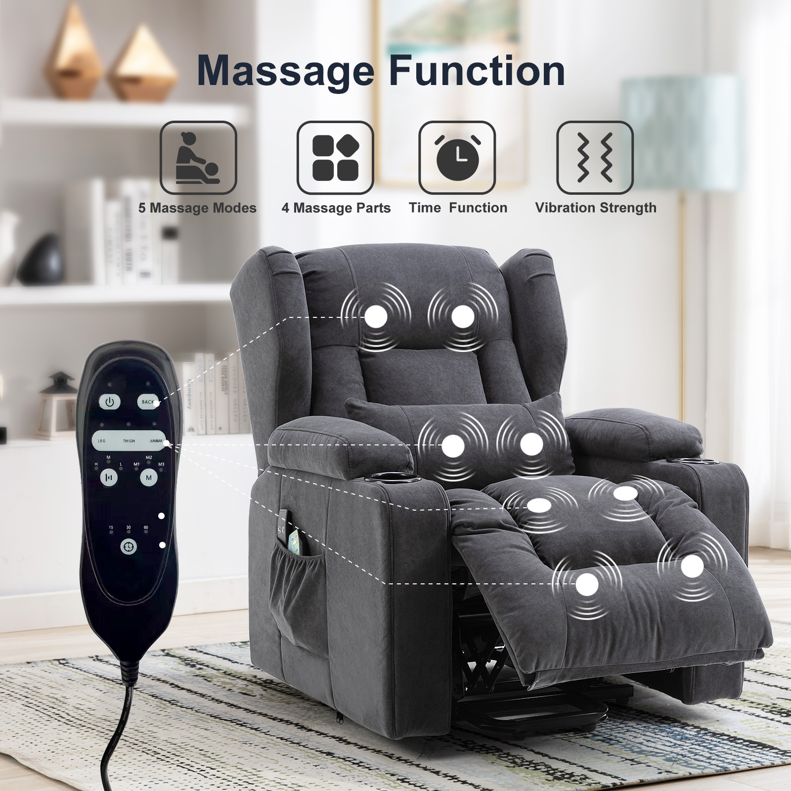 Sillón reclinable COMHOMA, sillón de masaje con elevación y superficie de tela, sillón elevador eléctrico, sillón para TV, sillón con elevación y función reclinable, tela