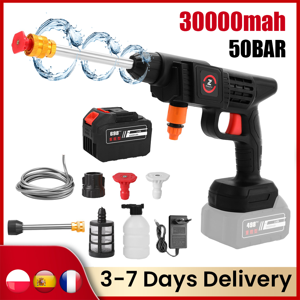 200W 50Bar Draadloos Hogedrukspuitpistool Auto Wassen Pistool High Power Waswater Machine Power Tool voor Makita 18V Batterij