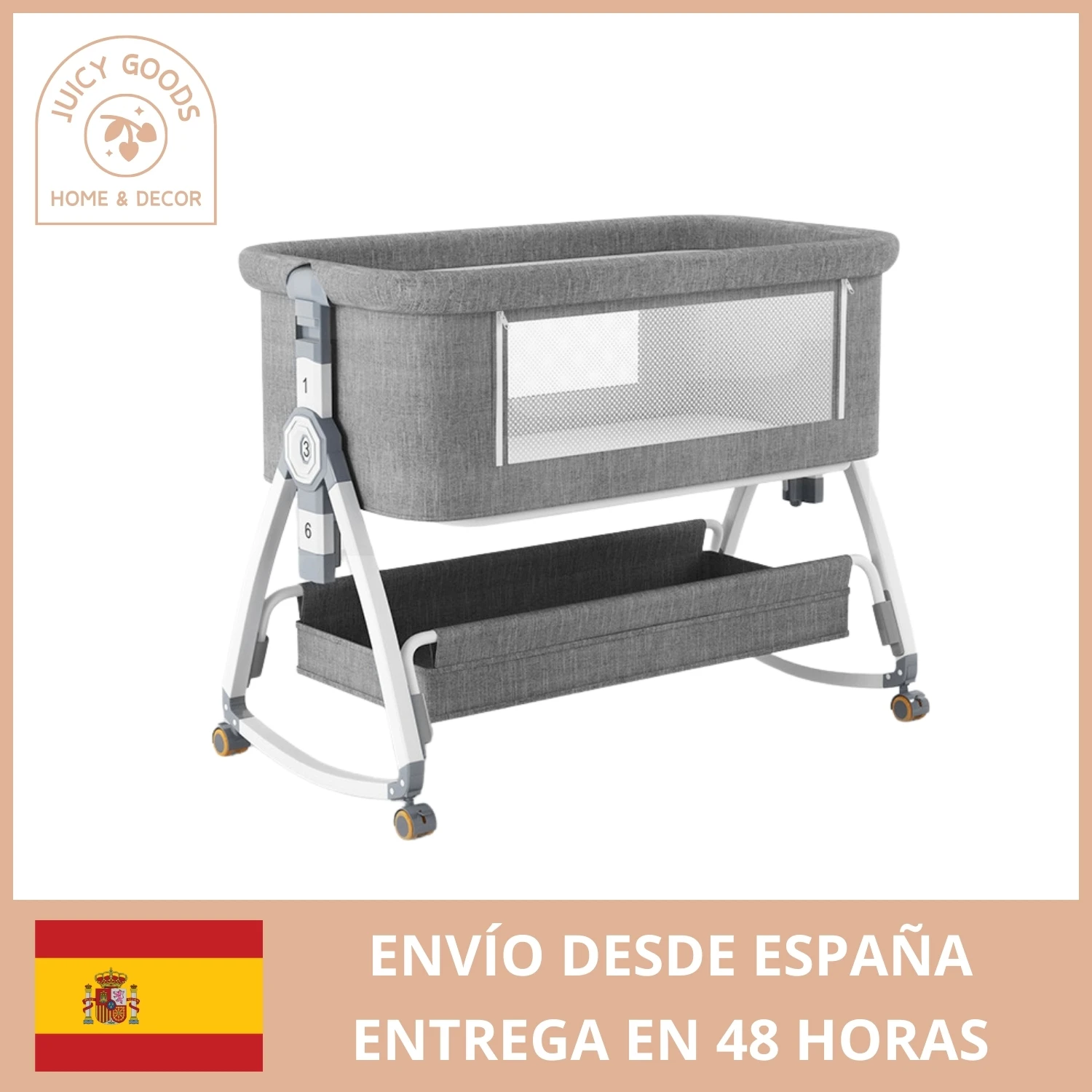 JUICYGOODS - Cuna 3 en 1 covertible, Hasta 13 kg, Cuna mecedora, Colecho, Altura ajustble, Inclinación, Con 4 ruedas, Sistema de bloqueo de seguridad en ruedas, Colchón ergonómico de espuma incluido