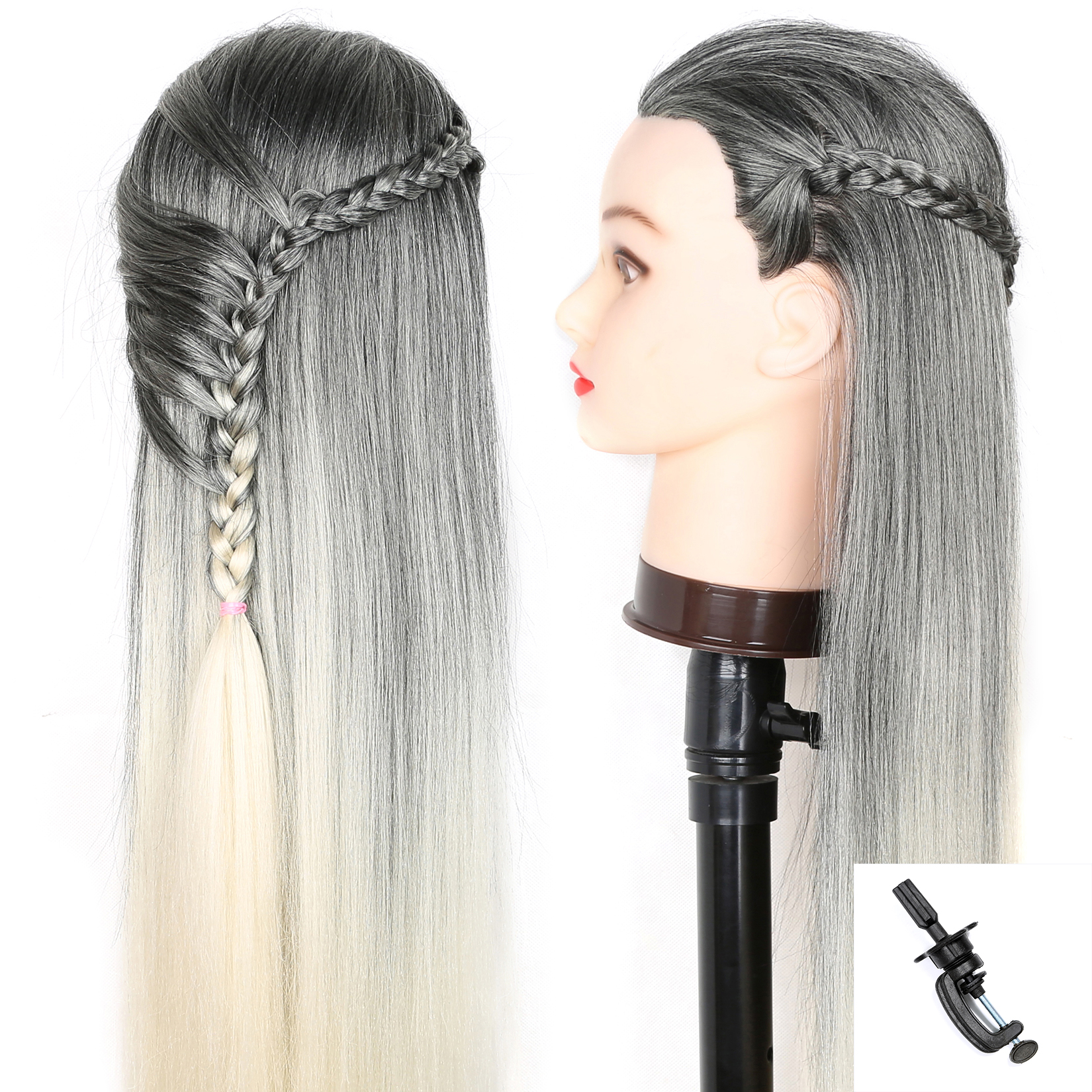 Modelo de cabeça de manequim com cabelo sintético longo, cabeça de manequim para treinamento de cabeleireiro, cabeça de boneca para prática de trança