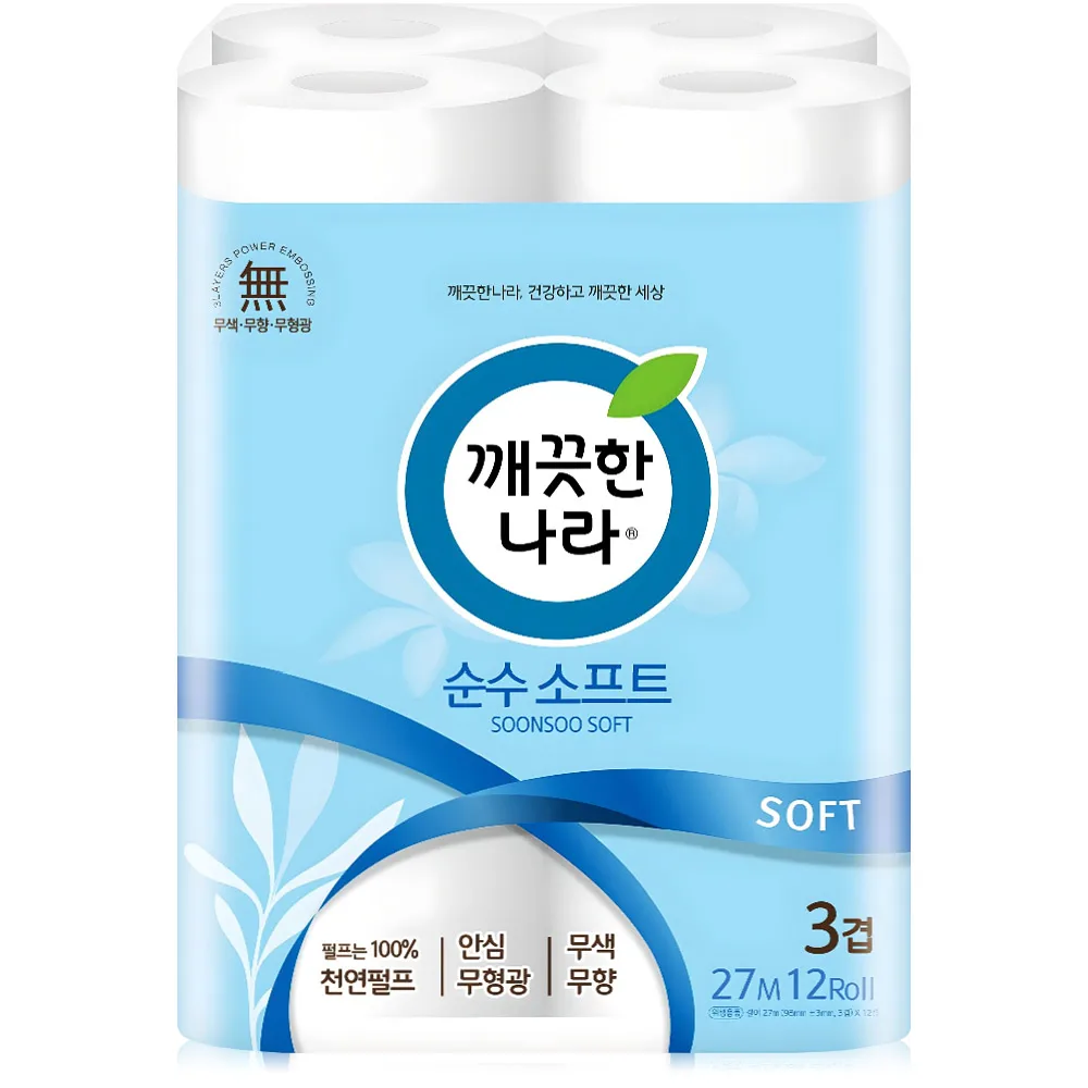 깨끗한나라 순수 소프트 27m 3겹 12롤 화장지 두루마리 휴지